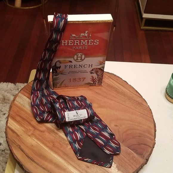 100% Pure Silk Multicolored Valentino Pietro Geometric Print Tie Wine Green Blue - Picture 1 of 7